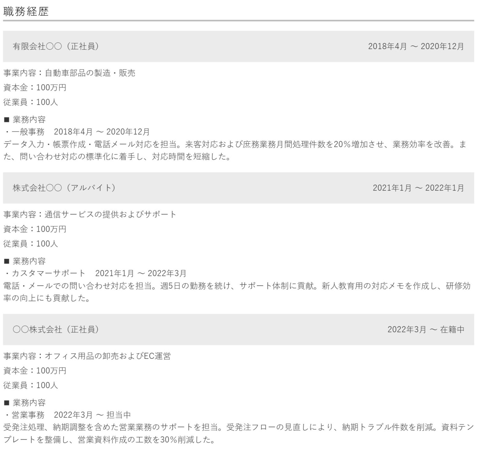 アルバイト歴と正社員歴が混在している場合の職務経歴