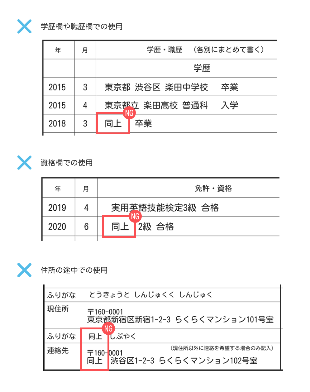 履歴書の「同上」表記